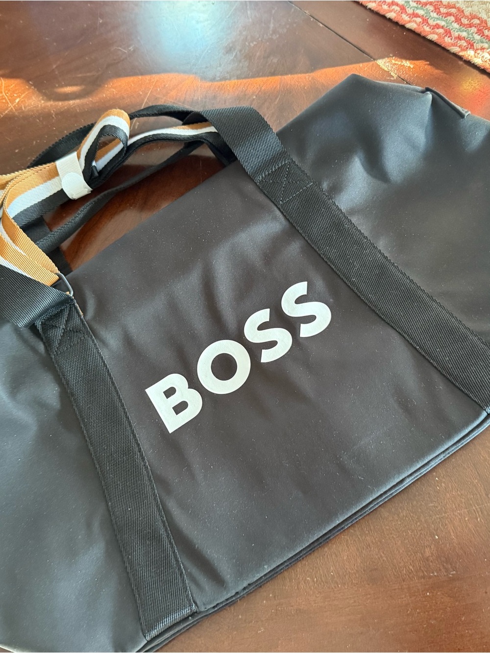 Boss Black Duffel Bag with White Logo and Brown Accent Strap - Picture 2 of 3